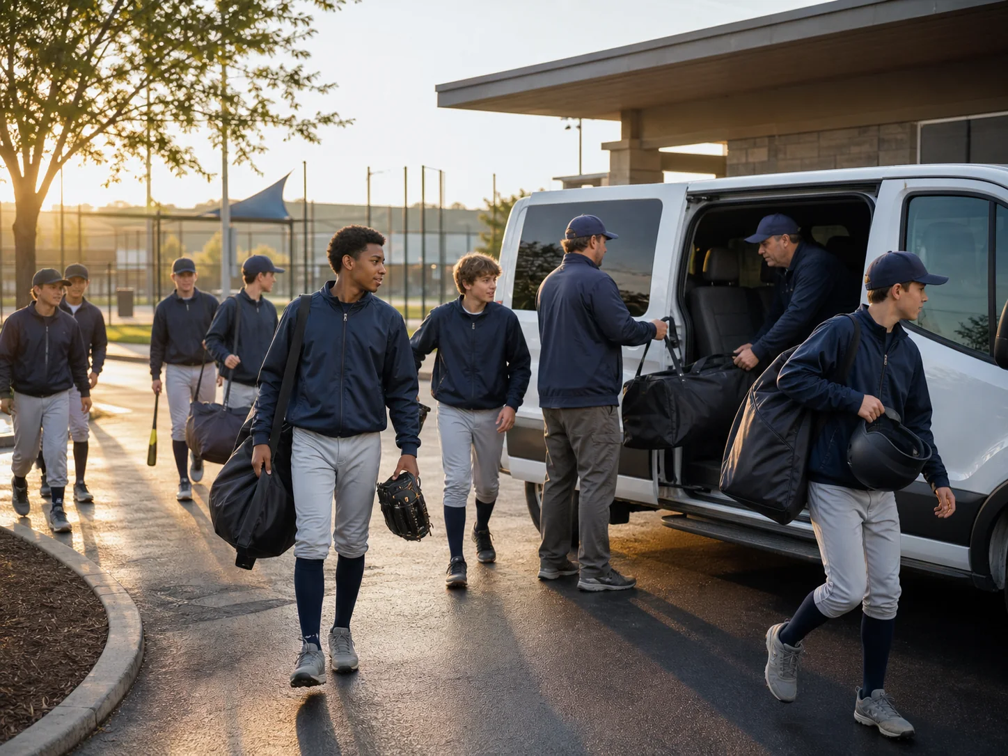 Youth athletes carrying equipment bags beside two adults and a shuttle